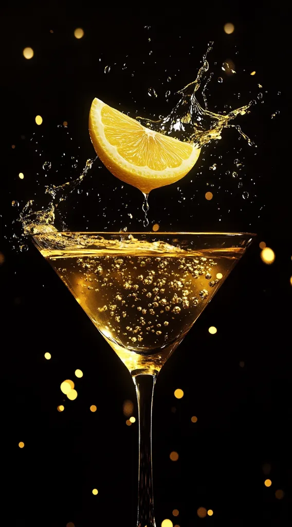 A martini glass filled with a golden liquid sits against a black background. A slice of lemon is suspended in mid-air above the glass, with droplets of liquid spraying around it. The background is filled with small, shimmering lights, creating a festive atmosphere. The image captures the essence of celebration and indulgence.