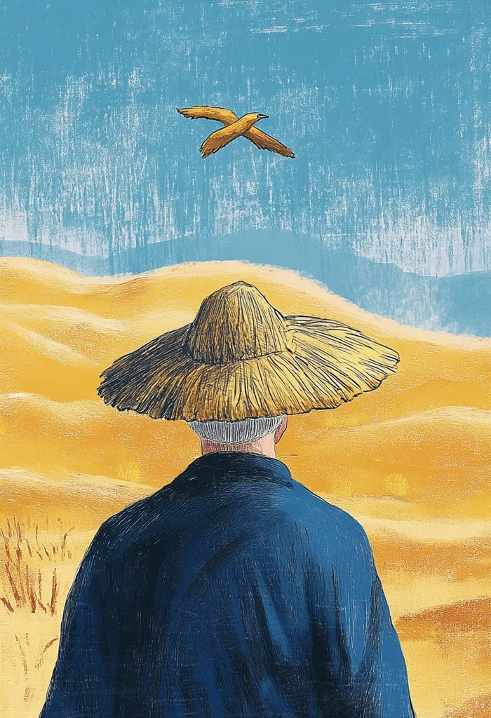 The image depicts a lone figure wearing a straw hat and a blue robe, standing in a vast, golden desert. The figure's back is turned towards the viewer, suggesting a sense of solitude and contemplation. The blue sky above is filled with a single bird in flight, adding a sense of movement and freedom to the scene. The overall mood is one of tranquility and introspection, with the figure appearing small and insignificant against the vast expanse of the desert.