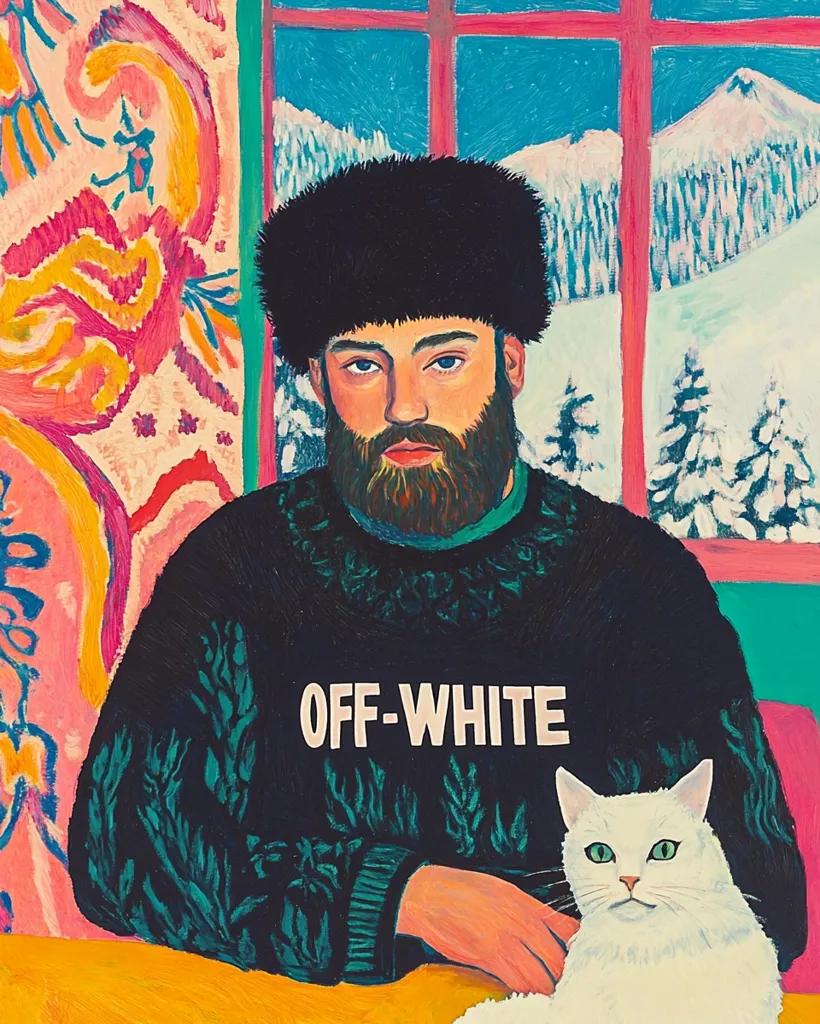 A man with a black fur hat and beard sits in a room with a window behind him, wearing a black sweater with "OFF-WHITE" printed on the front. He is petting a white cat that sits beside him. The room is decorated in bright, abstract colors. The window shows a snowy landscape outside.