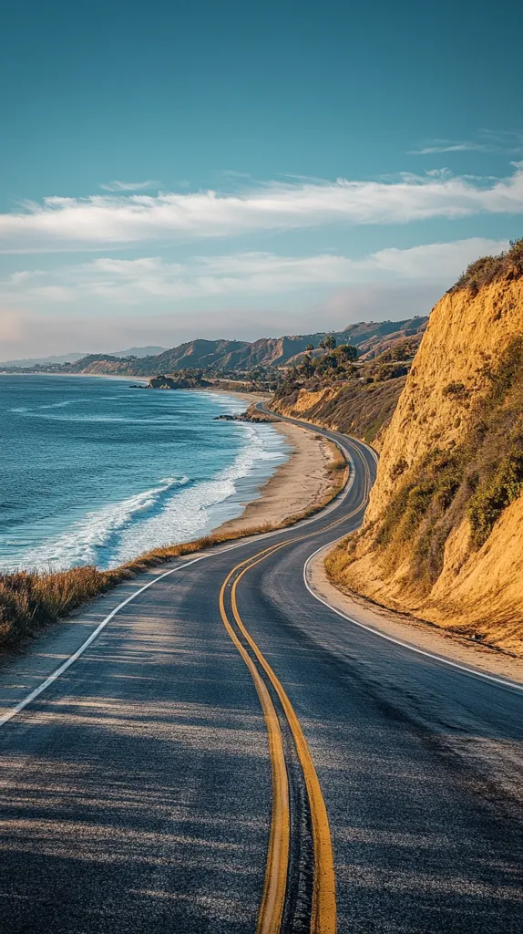 A winding road snakes along a cliffside overlooking the sparkling blue ocean. Whitecaps crash on the shore, while a sandy beach stretches below.  The sky is a clear blue with wispy white clouds, creating a serene and picturesque landscape.