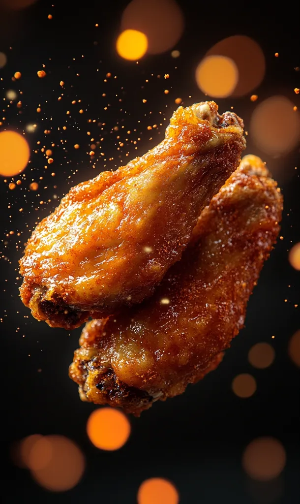 Two crispy, golden brown chicken wings are suspended in mid-air against a dark background. The wings are glistening with oil and sprinkled with spices, while small droplets of oil are scattered around them. The image is lit by out-of-focus orange lights, creating a warm and inviting atmosphere. The wings appear juicy and flavorful, hinting at a delicious meal.
