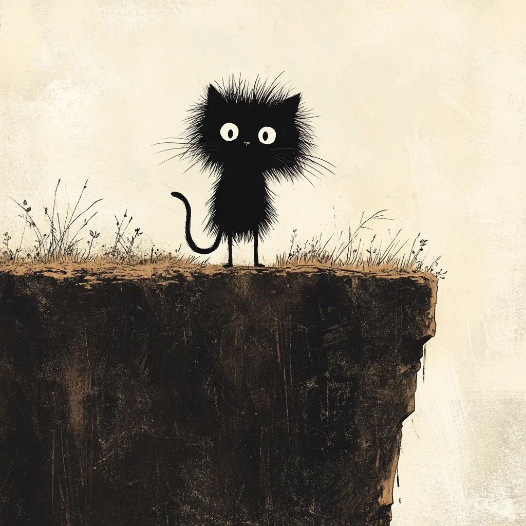 A black cat with large, white eyes stands on the edge of a cliff, looking out at the view. The cat has a fluffy coat and a long tail. The background is a simple, light beige with some sparse grass and wildflowers. The image is drawn in a simple, cartoon style.  The cat's expression is one of curiosity and wonder.