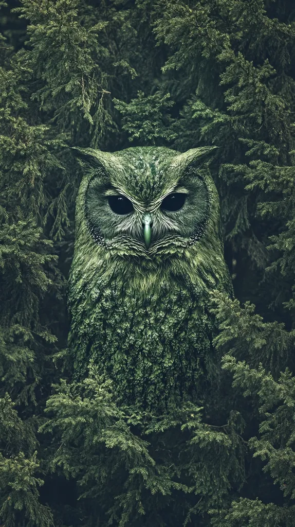 The image shows a large owl camouflaged in a dense forest of evergreen trees. The owl's feathers are the same shade of green as the surrounding foliage, making it almost invisible. Its large, dark eyes peer out from the branches, creating a sense of mystery and intrigue. The image captures the beauty and tranquility of nature, while also highlighting the owl's ability to blend in and remain undetected.