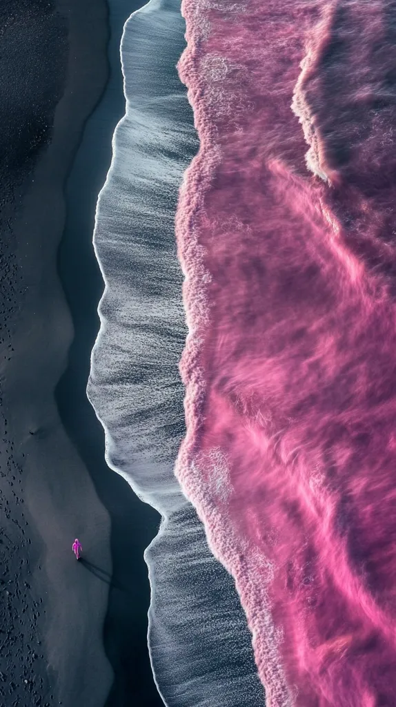 An aerial view of a black sand beach with waves crashing on the shore. The water is a vibrant pink color, creating a stark contrast to the dark sand. A single figure, dressed in pink, walks along the beach, their small form dwarfed by the vastness of the ocean. The image is striking and surreal, capturing the beauty and power of nature.