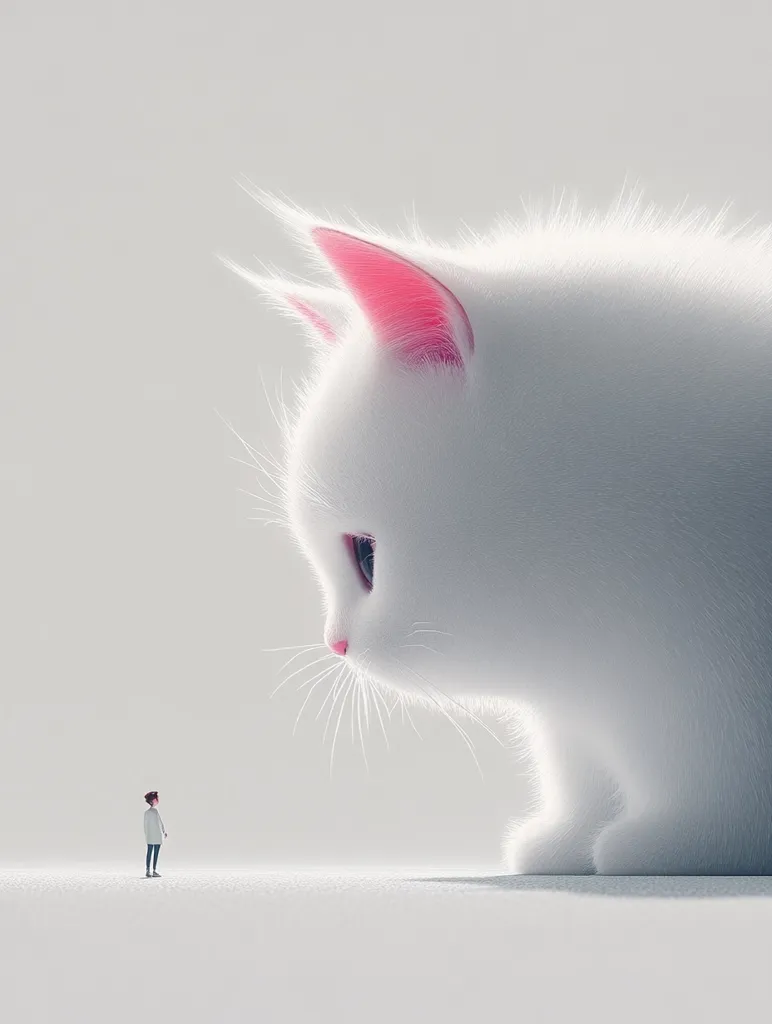 A tiny person stands in awe before a giant, fluffy white cat with pink ears. The cat is looking down at the person, its eyes and whiskers visible. The background is a simple, pale white, highlighting the stark size difference between the two. The image creates a sense of wonder and perhaps a hint of apprehension.