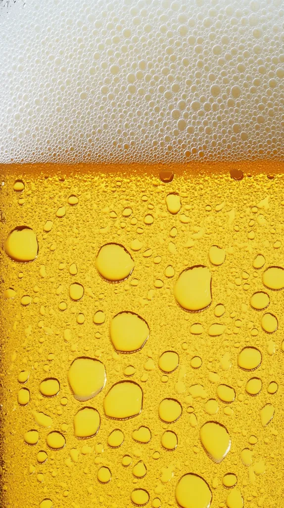The image shows a close-up of a glass of beer. The top layer is a thick head of white foam, with tiny bubbles visible. Below, the golden liquid of the beer is covered in large, round droplets, creating a pattern of light and dark yellow. The image is a macro shot, highlighting the texture and detail of the beer.