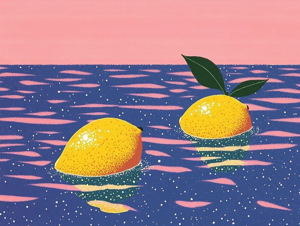 The image depicts two lemons floating in a blue body of water. The water has a textured, starry appearance, with pink lines and white dots. The sky above is pink, creating a vibrant and surreal scene.  The lemons are brightly colored, contrasting with the blue and pink tones of the water and sky. They appear to be floating peacefully on the surface, creating a sense of tranquility and stillness.  The image is a playful and abstract depiction of summer fruits and the calming waters of the sea.
