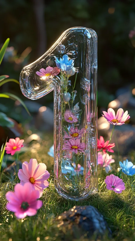 A glass number one, shaped like a vase, is filled with pink and blue flowers. The vase sits on a bed of green grass and is surrounded by pink and blue flowers. The image is lit with a warm, golden light that creates a soft and whimsical atmosphere.  The flowers appear to be trapped inside the glass, creating a sense of wonder and magic.