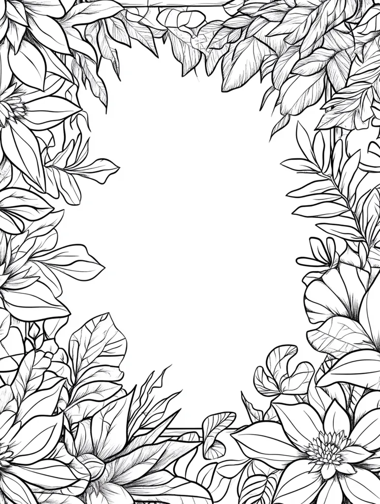 The image is a black and white line drawing of a floral border. It features intricate details of leaves and flowers surrounding a blank white space. The flowers are large and detailed, with multiple petals and a center. The leaves are varied in shape and size, creating a sense of depth and movement. The overall effect is elegant and delicate.