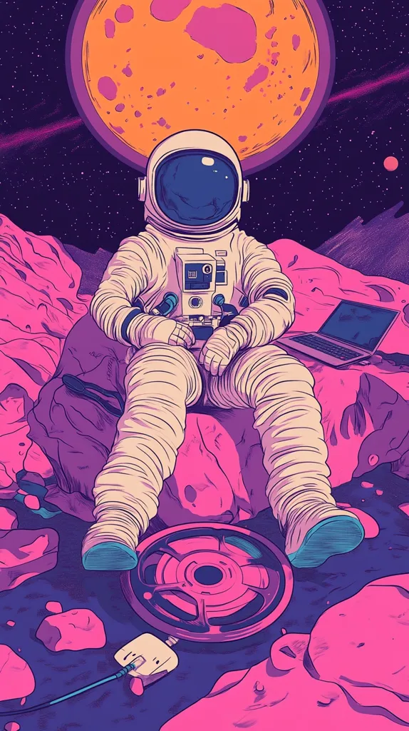 An astronaut in a white spacesuit sits on a pink, rocky surface, surrounded by a dark, starry sky with a large, orange moon in the background. The astronaut is holding a camera and is looking down at a laptop beside them. There is a large, circular object with a cable attached to it nearby. The image is rendered in a retro, psychedelic style with bold colors and outlines.