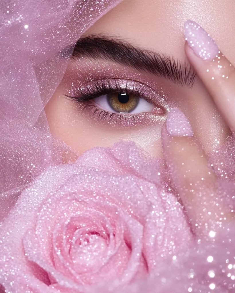The image shows a close-up of a woman's face with a pink rose in the foreground. Her eye is heavily made up with shimmery eyeshadow and long lashes. Her nails are also painted with glitter polish. The image is soft and dreamy, with a delicate pink color palette.  The image evokes a sense of femininity and beauty.