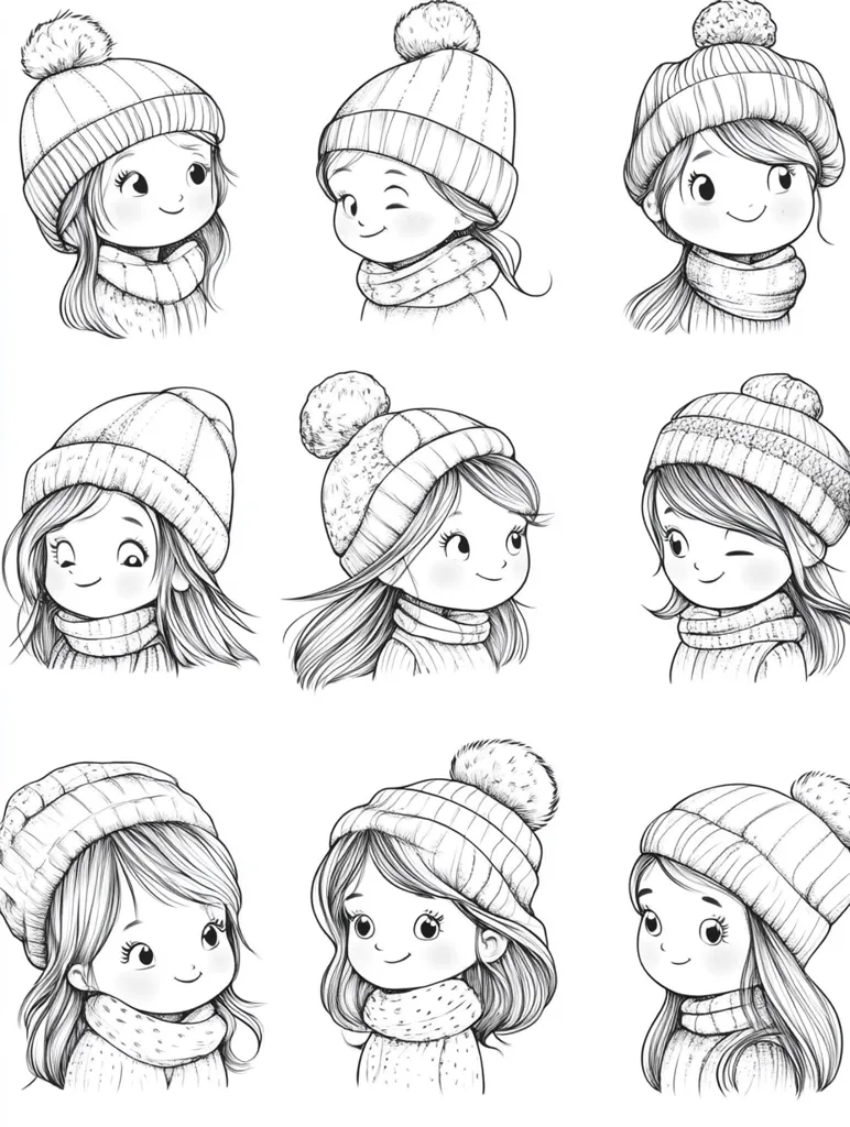 The image depicts nine cute girls with long hair, wearing knitted hats and scarves. They are all smiling, with different expressions and hairstyles. The girls are drawn in a simple, cartoon style with black outlines and no shading. The background is white, highlighting the girls and their winter attire. The overall theme of the image is cuteness and innocence, with a touch of warmth and comfort.