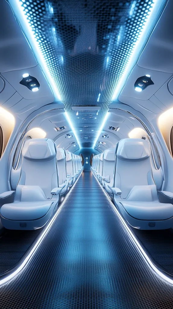 The interior of a futuristic airplane cabin. The seats are white and modern, and the aisle is illuminated by blue lights. The ceiling is made of a metal mesh, and the overall design is sleek and sophisticated. The cabin is empty, with only the seats visible, suggesting a sense of calm and tranquility.