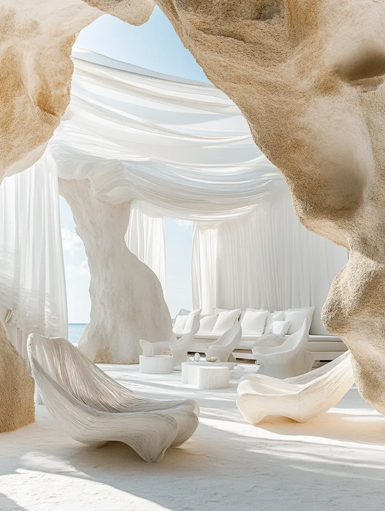 The image shows a white and airy lounge area. The ceiling is made of sheer white fabric that drapes down from a large, smooth, white rock formation. The lounge furniture is also white, with plush cushions and unique, flowing shapes. The ground is covered in white sand, creating a serene and minimalist setting. The bright blue sky peeks through the fabric, adding a touch of color to the otherwise monochrome scene. The image exudes a sense of peace and tranquility.