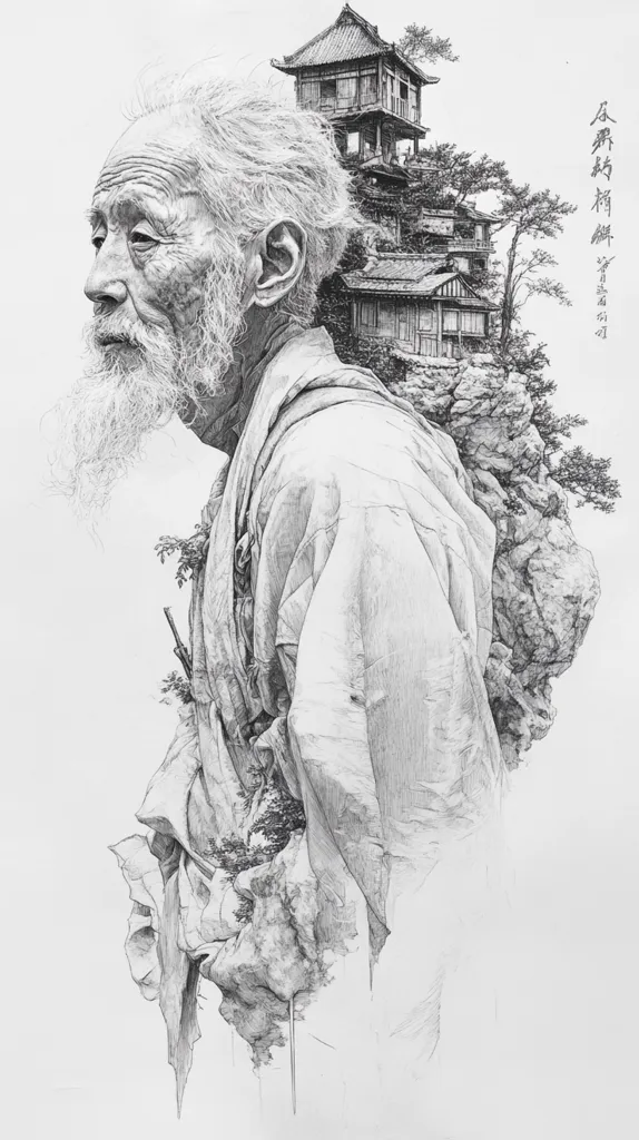 A detailed pencil drawing of a wizened man with a long white beard, his face partially obscured by the flowing fabric of his robes. He stands against a backdrop of a traditional Japanese-style wooden building nestled amongst rocky cliffs and trees. The composition creates a sense of depth and mystery, highlighting the man's wisdom and connection to nature. The artist's use of shading and texture brings the image to life with incredible realism.