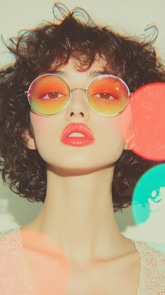 A woman with short, curly brown hair is wearing large round, orange-tinted sunglasses. She has a soft, delicate face with bright red lips. The background is blurred, with bright pink and blue circles of light. The image has a vintage, soft-focus aesthetic.