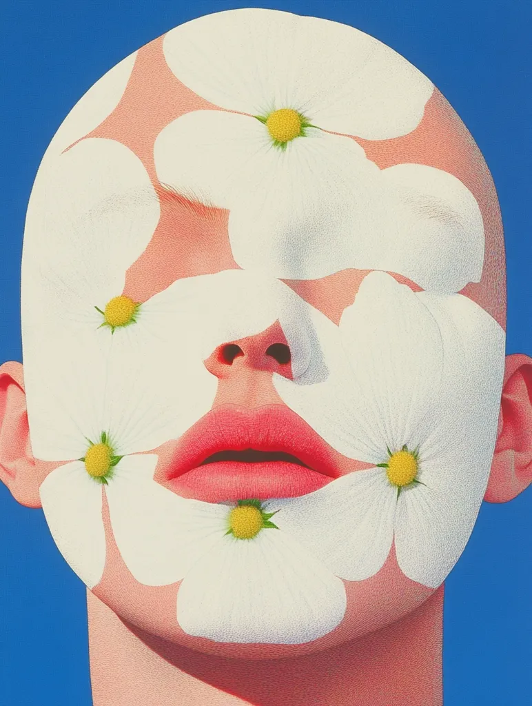 The image shows a close-up of a person's face, partially obscured by large white flower petals. The petals cover the eyes, nose, and part of the cheeks. The lips are painted a bright pink, and the background is a vibrant blue. The image is stylized and has a surreal quality.  The arrangement of the petals and the vivid colors create a visually striking and abstract portrait.