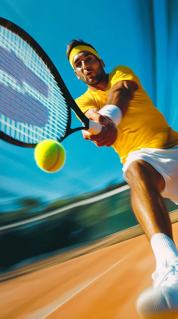 A tennis player in a yellow shirt and white shorts swings his racquet, striking a yellow tennis ball in mid-air. The player is mid-swing, with his face focused and determined. The tennis court is blurred, creating a sense of motion and speed. The background is a bright blue sky.  The image captures the intensity and athleticism of tennis.