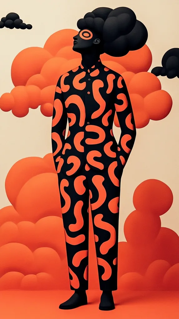 A person with a large, black afro and a black and orange patterned suit stands against a backdrop of large, orange, cloud-like shapes. They are looking up with a neutral expression, their hand tucked into their pocket. The graphic design and contrasting colours create a visually striking and playful image.