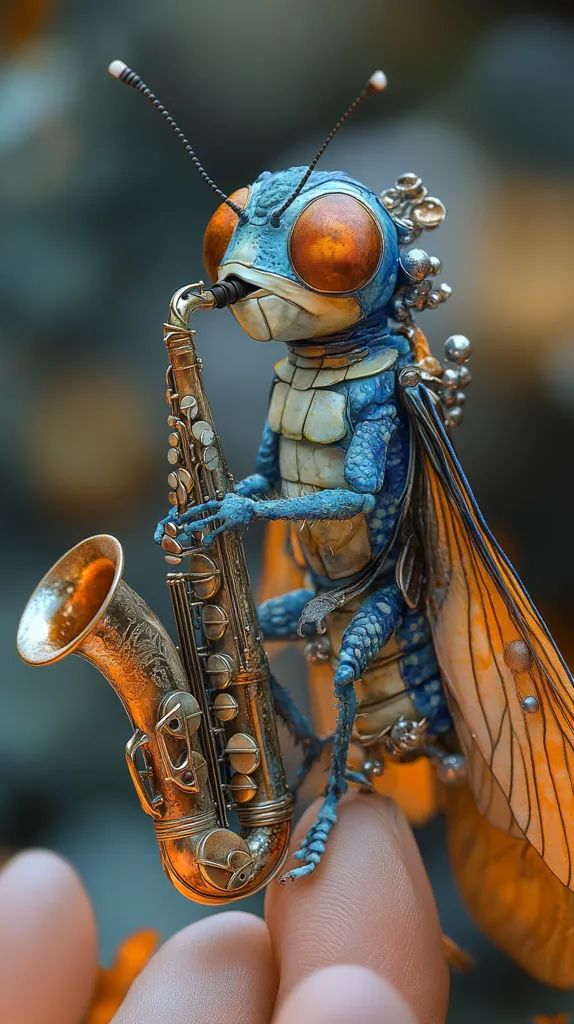 A  detailed,  blue and gold,  insect-like creature  is playing a golden saxophone. The creature has large, orange eyes and a long, slender body. It has a set of  wings that are  a light brown and orange color.  The creature appears to be sitting on a person's finger.  The background is a blurred, out-of-focus,  green color.