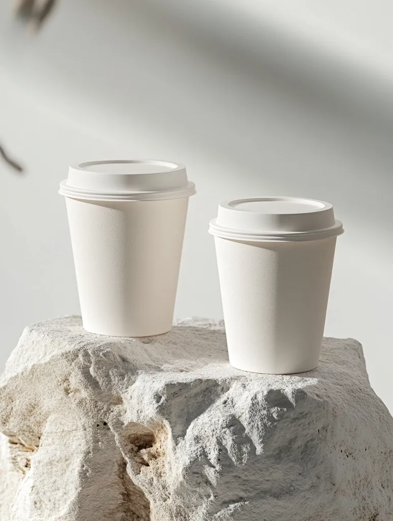 Two white disposable coffee cups with lids sit on a white, rough rock. The cups are cylindrical and made of paper, while the rock is textured and appears to be made of stone.  A soft light casts shadows on the scene, highlighting the simple beauty of the objects.  The image is minimalist and evokes a sense of calm.