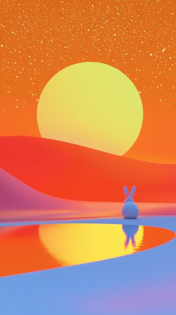 A white rabbit sits on a pastel pink and orange landscape, facing a large, bright yellow sun. The background is an orange sky with scattered white dots. The sun's reflection shines brightly in a blue pool of water in front of the rabbit. The scene is surreal and dreamy, evoking a sense of peace and tranquility.
