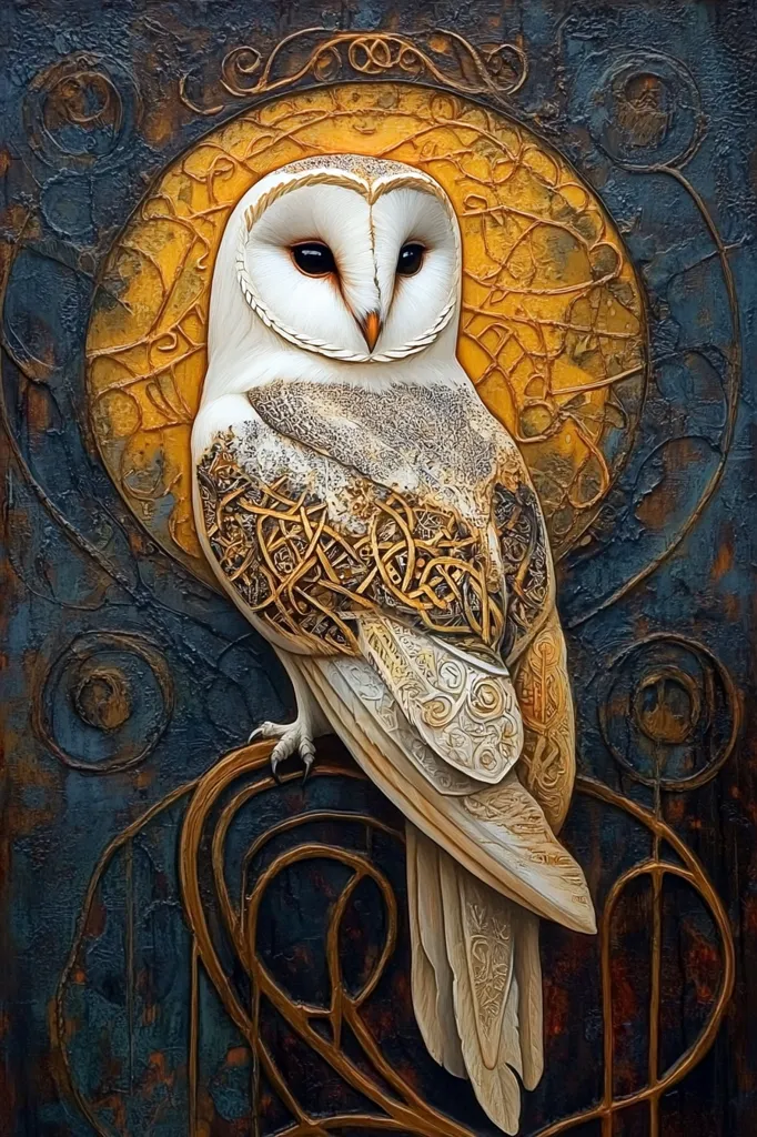 A white barn owl with intricate gold patterns on its feathers sits on a branch against a dark blue background. The owl faces forward with large, dark eyes. The background features a large, golden circle with swirling patterns and smaller circles throughout. The image appears to be a painting or digital art piece.