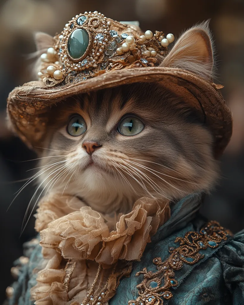 A fluffy gray cat is dressed in a lavish costume, complete with a wide-brimmed hat adorned with gold, pearls, and a large green gemstone. The cat's eyes are wide and bright, gazing upwards with an air of curiosity. The costume features intricate details, including a ruffled collar and ornate gold embroidery. The cat's expression is both regal and mischievous, hinting at a personality both playful and sophisticated.