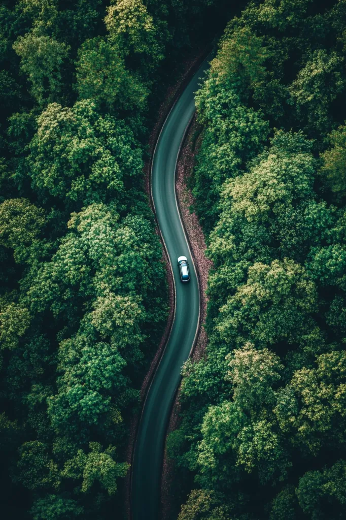 An aerial view of a winding road cutting through a dense forest. The road is a ribbon of asphalt, snaking its way through a canopy of lush green trees. A single white car travels along the road, its tiny size emphasizing the vastness of the surrounding forest. The image captures a sense of tranquility and isolation, as the road disappears into the distance, lost among the leaves.