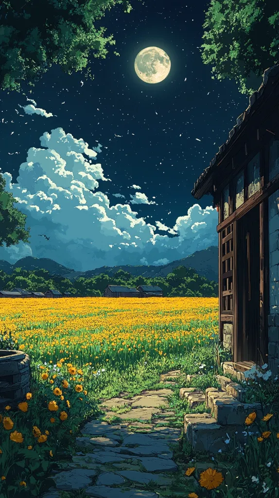 The image depicts a serene night scene with a full moon shining brightly in the sky. The foreground features a stone pathway leading up to a wooden building with a closed door.  The pathway is surrounded by a field of yellow flowers and lush green grass, adding a touch of vibrancy to the nighttime landscape. A sense of peace and tranquility pervades the image, suggesting a place of calm and beauty.