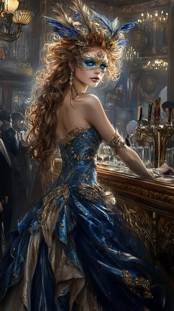 A woman in a lavish blue and gold gown with a feathered masquerade mask stands at a bar. Her long, flowing red hair cascades down her back, framing her delicate features. The setting is a dimly lit bar with ornate gold accents, suggesting a luxurious and perhaps decadent atmosphere. She is the focus of the image, radiating an air of mystery and intrigue. The image evokes a sense of elegance and a touch of the dramatic.