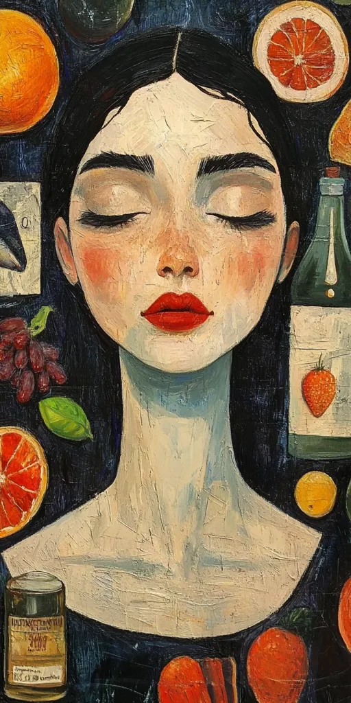 A woman with long dark hair and closed eyes is the central figure in this painting. She has pale skin and red lips, and is surrounded by a variety of fruits, including oranges, grapefruits, and a strawberry.  A glass bottle with a green label sits to her right. The background is a dark blue. The painting has a textured, painterly style.