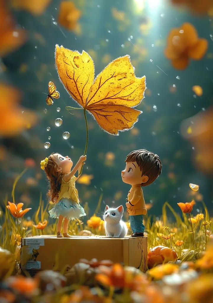 Two cartoon children, a girl and a boy, stand on a wooden crate in a field of yellow flowers. The girl holds a large yellow leaf overhead, resembling an umbrella. A white cat stands beside the boy. A butterfly flies past the girl, and rain falls around them, creating a magical and whimsical scene.