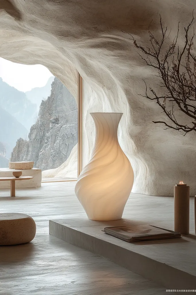 A large, white,  swirling vase sits on a wooden platform in a cave-like room. The room is decorated in a minimalist style, with a wooden table and a stone stool. A large window in the background offers a view of a mountain range. The scene is bathed in a soft, warm light.  The image evokes a sense of peace and tranquility.