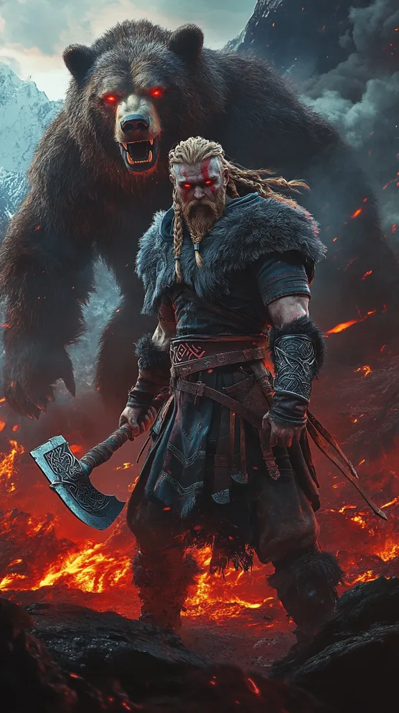 A Viking warrior, clad in furs and leather, stands amidst a fiery landscape, holding a double-headed axe. His face is painted with red war paint, and his eyes gleam with determination. Behind him, a large, menacing bear with glowing red eyes growls menacingly. The scene is one of fierce power and impending conflict.