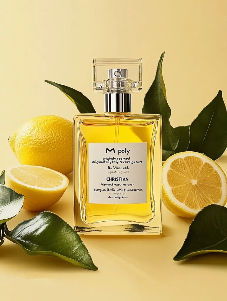 A square bottle of perfume with a silver cap sits on a yellow background surrounded by lemons and a leafy stem. The bottle is filled with a golden liquid and the label reads "M poly originally reersed originally folly reversigature Ba Vienna Id. signatu signature CHRISTIAN Vienna maso marciel synglac 8wka wtk pia misacerwr. a nightiand descmriprian." The perfume is likely citrusy, inspired by the lemons in the image.