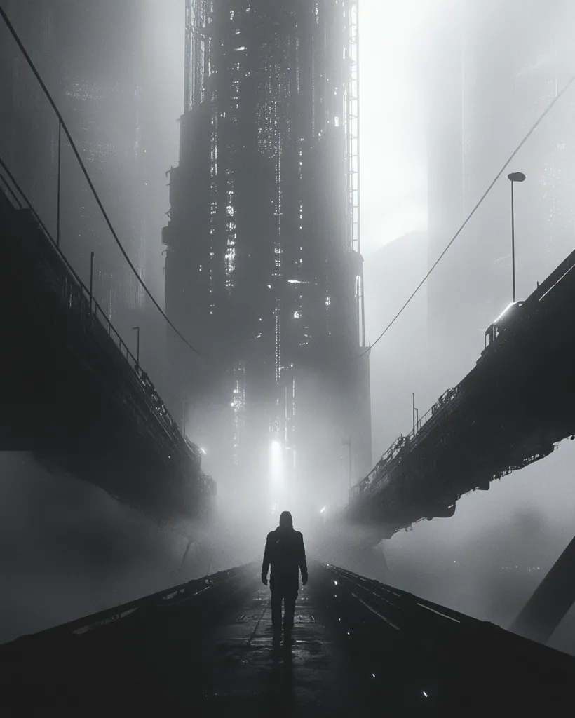 A lone figure walks down a misty, desolate street in a futuristic cityscape. The tall buildings, shrouded in fog, cast long shadows, creating a sense of mystery and isolation. The scene is rendered in black and white, emphasizing the starkness of the environment. The figure's silhouette against the hazy background suggests a sense of longing or purpose, adding to the enigmatic nature of the image.