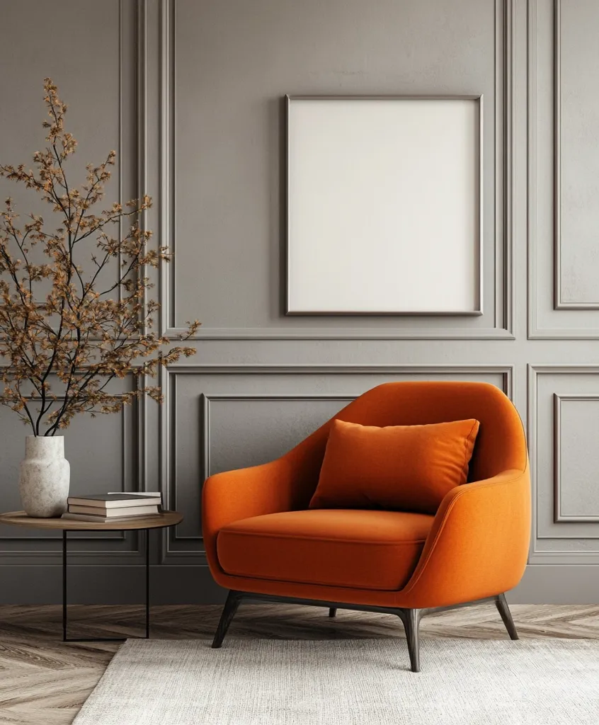 The image shows a living room interior with a single, plush orange armchair situated in front of a large framed canvas. The chair has a deep, curved back and sits on a light gray rug. A vase of dried branches sits on a small side table next to the chair, while the wall features intricate molding. The room is bathed in soft, natural light, creating a sense of warmth and tranquility.