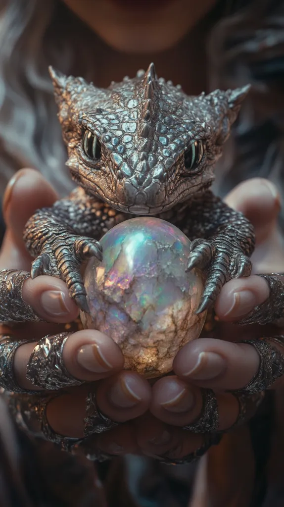 A pair of hands, adorned with silver rings, gently cradle a small, iridescent egg.  A miniature dragon, its scales shimmering like metal, gazes up at the viewer with large, intelligent eyes. The scene evokes a sense of ancient magic and mythical creatures. The dragon and the egg, symbols of power and potential, seem to be held in reverence by the hands.  The image is a captivating blend of fantasy and reality.