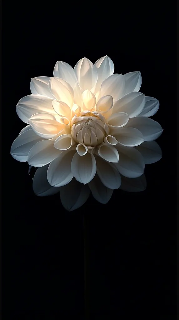 A single white dahlia bloom is captured against a black background. The delicate petals of the flower are illuminated by a soft light, creating a sense of ethereal beauty. The contrast between the white flower and the dark background highlights the flower's intricate details and the graceful shape of its petals. The image evokes a feeling of peace and tranquility.