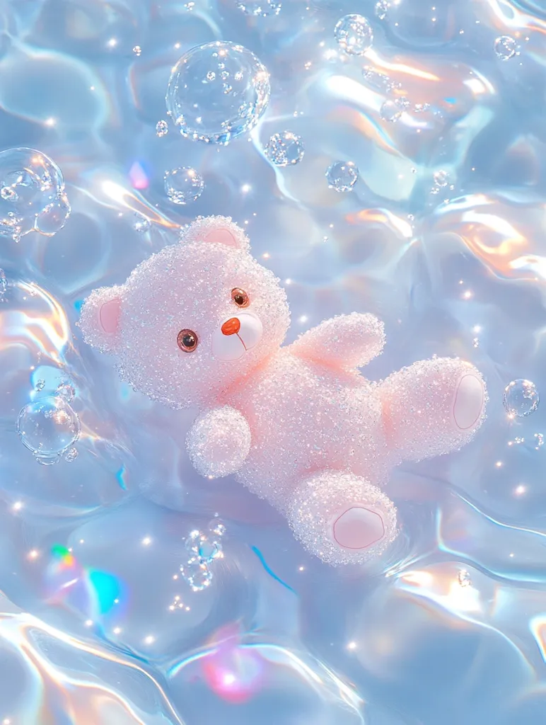 A fluffy, pink teddy bear floats in a pool of shimmering blue water. The water is iridescent, reflecting light in rainbow hues. Bubbles of various sizes are scattered throughout the image, adding to the whimsical and dreamy atmosphere. The teddy bear's gentle smile and the soft glow of the water create a sense of calm and tranquility.