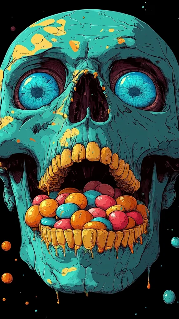 The image depicts a skull with an open mouth filled with colorful candy. The skull is rendered in a vibrant green and blue color scheme, with yellow accents. The candy is a mix of orange, red, pink, and blue, creating a stark contrast against the skull's colors. The image has a dark, almost psychedelic vibe, and the juxtaposition of a skull with candy creates a sense of unease and humor. The image suggests a playful exploration of death and decay, with a touch of surrealism.