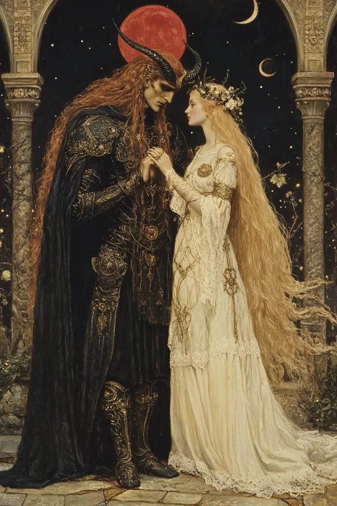 A man in black armor and a woman in a flowing white gown stand facing each other under a night sky illuminated by a red moon. The man has horns and a long, dark beard. The woman has long, flowing blonde hair and is wearing a floral crown.  They are holding hands, and the image suggests a romantic or magical encounter. The stone arches and the stars in the background add to the sense of mystery and wonder.