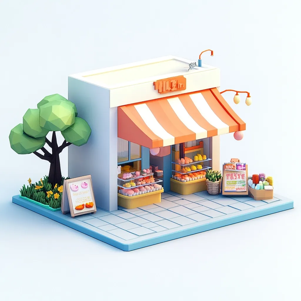 A cute, low-poly style bakery sits on a tiled sidewalk. Its orange awning extends over the storefront, displaying colorful pastries and cakes. A small tree with green leaves and yellow flowers grows in front of the bakery. A sign advertises "Delicious Donuts" with a picture of a donut.  A basket of flowers and a sign for "Taste Delicious" complete the scene.