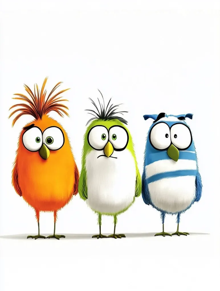 Three cartoon birds with large eyes and fluffy feathers stand in a row, facing the viewer. The bird on the left is orange, the middle bird is green, and the bird on the right is blue with white stripes. Their expressions are surprised or bewildered. They are set against a white background.