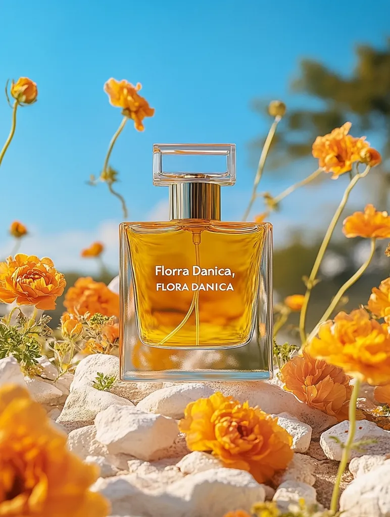 A bottle of "Florra Danica" perfume sits on a bed of white rocks surrounded by bright orange flowers. The clear glass bottle reflects the warm sunlight, creating a golden glow. The image evokes a sense of summery freshness and floral fragrance.