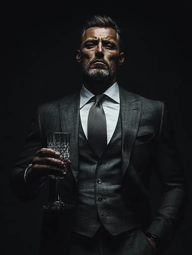 A man in a dark grey suit and vest stands against a black background. He is holding a stemmed glass in his right hand. The man has a serious expression and is looking directly at the camera. His tie is dark and his hair is graying. The image is lit in a way that highlights his features and the detail of his suit.