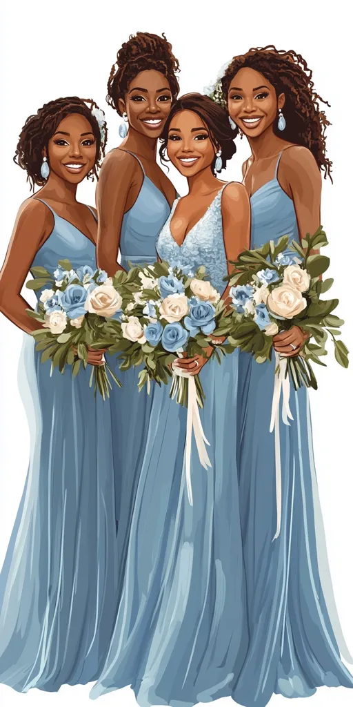 Four Black women are dressed in blue bridesmaid dresses. The woman in the middle is the bride, she is wearing a sparkly blue dress and holds a bouquet of blue and white flowers. The three bridesmaids are holding similar bouquets. The women are smiling and happy. They are all standing together against a white background.