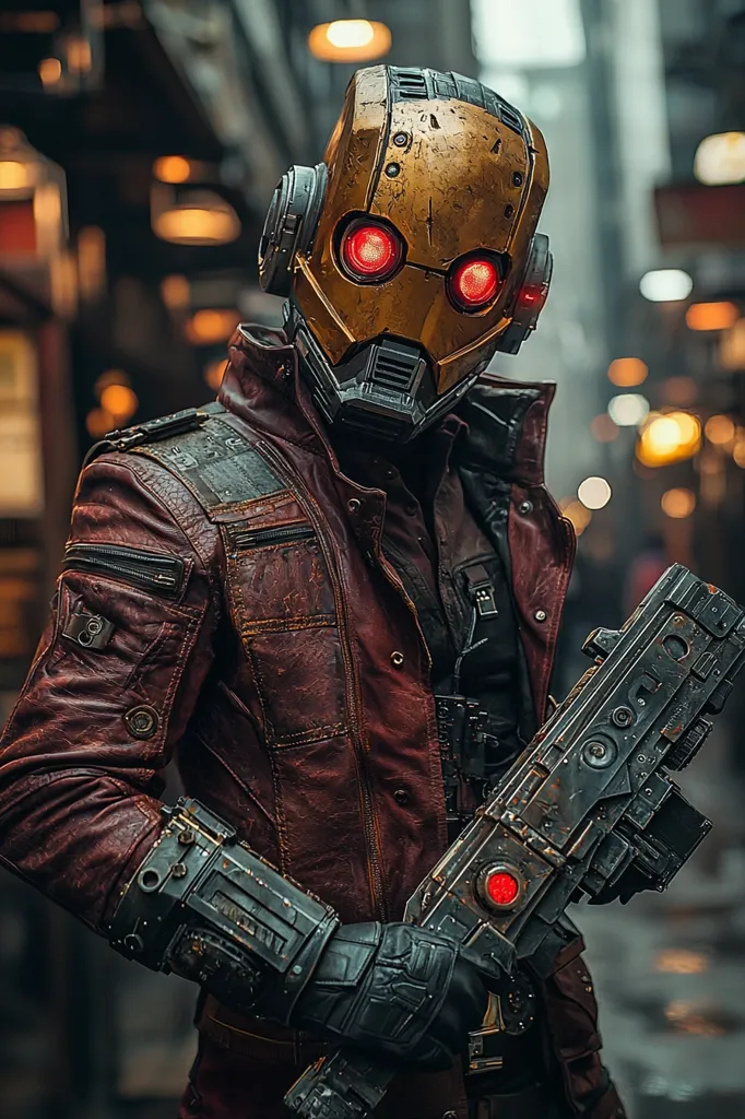 A futuristic soldier stands in a dimly lit, urban setting. They are clad in a worn, crimson leather jacket with multiple pockets and straps. Their face is obscured by a golden helmet with red glowing eyes, adding a menacing aura. They hold a futuristic weapon with a worn, metallic finish and a red glowing light. The scene evokes a sense of dystopian sci-fi.