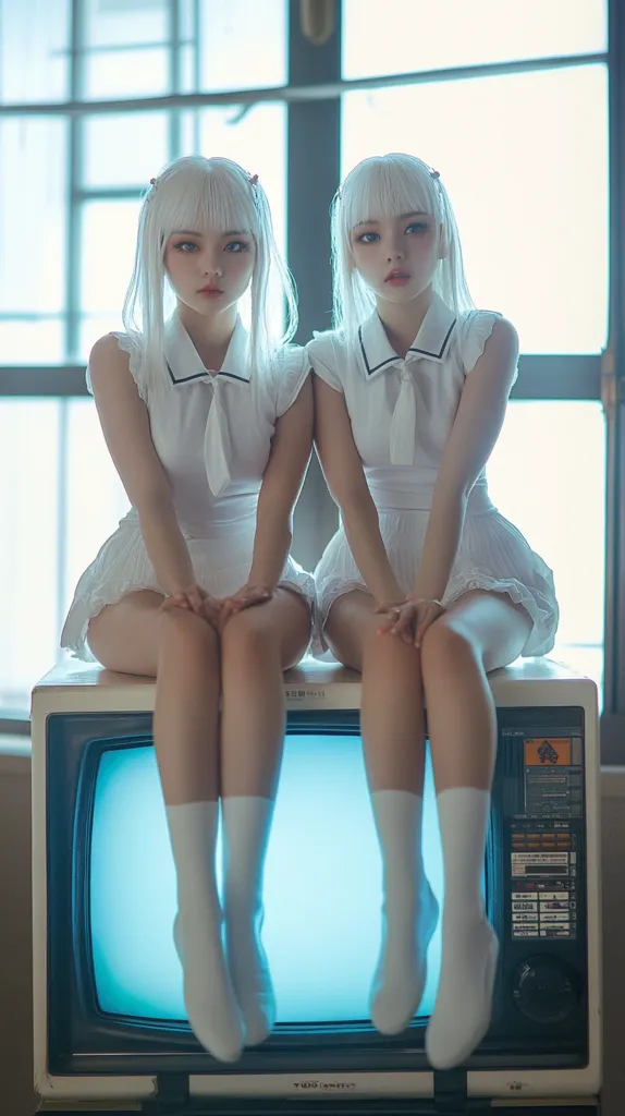Two young women with long white hair are sitting on an old television set. They are both wearing white dresses with black collars. They are looking at the camera with serious expressions. The television screen is blue and the set is white. The room is brightly lit. The overall tone of the image is one of innocence and mystery.